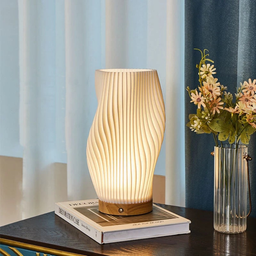 Sculpted Wave Shade Wood Base Dimmable Table Lamp