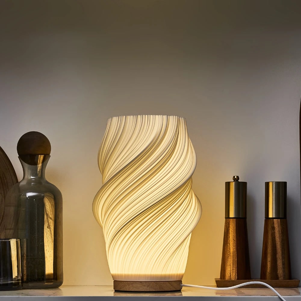 Sculpted Wave Shade Wood Base Dimmable Table Lamp