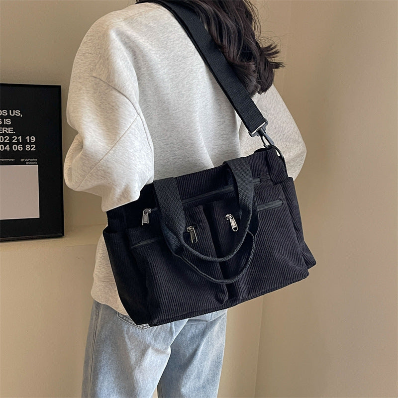 Textured Corduroy Spacious Interior Refined Finish Shoulder Bag