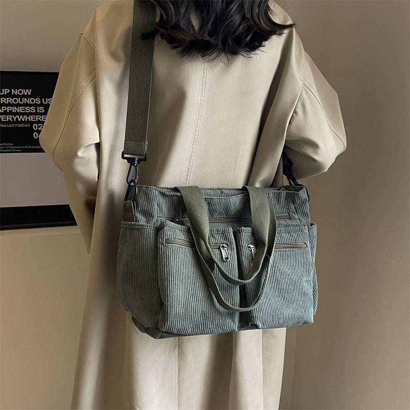 Textured Corduroy Spacious Interior Refined Finish Shoulder Bag