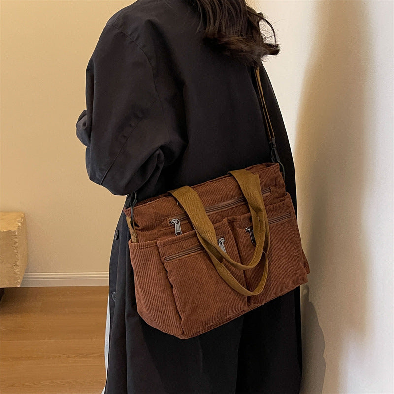 Textured Corduroy Spacious Interior Refined Finish Shoulder Bag