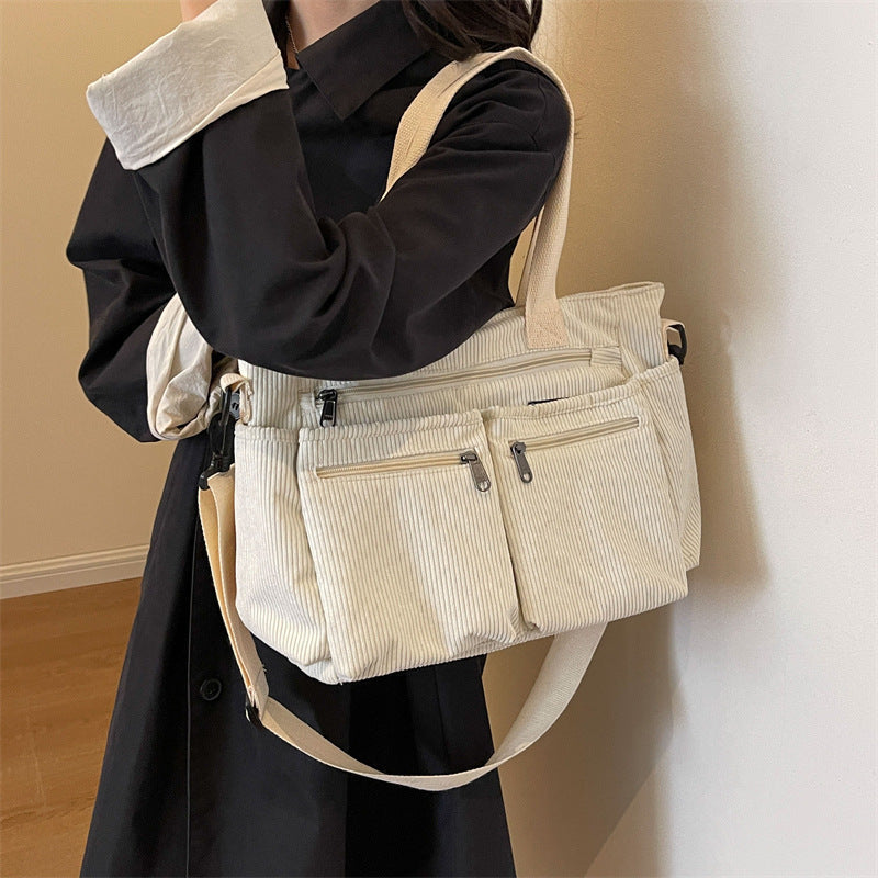 Textured Corduroy Spacious Interior Refined Finish Shoulder Bag