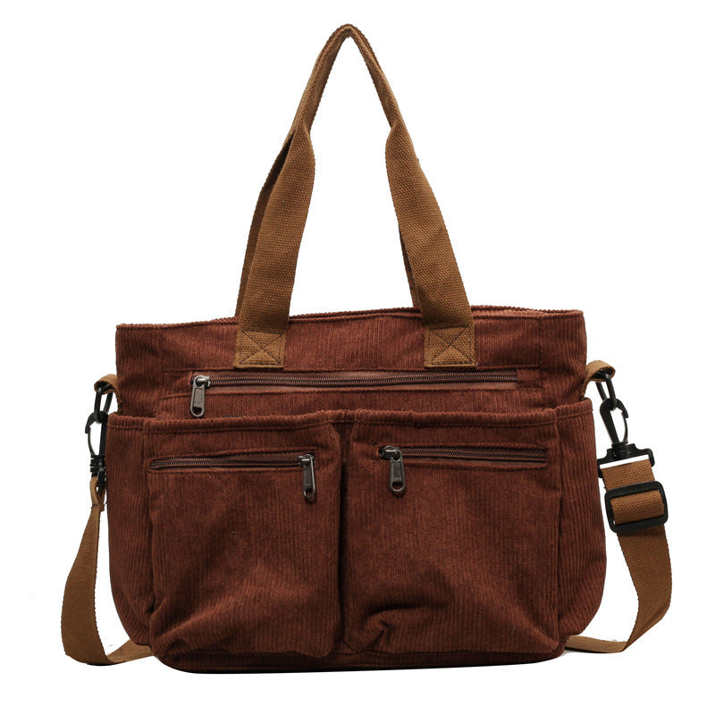 Textured Corduroy Spacious Interior Refined Finish Shoulder Bag