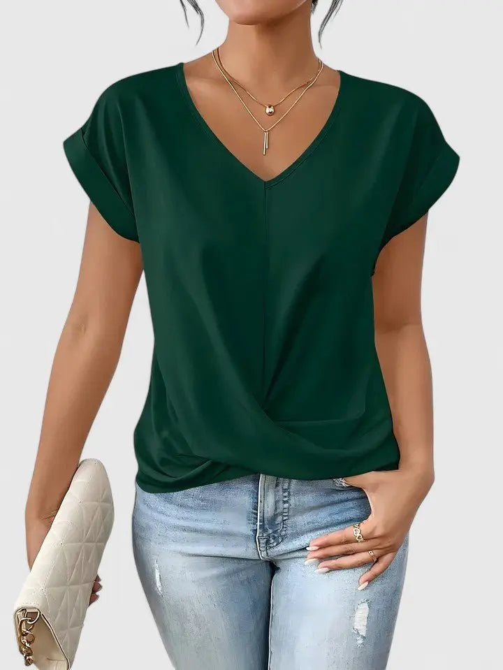 Women's V-Neck Short Sleeve Casual Top with Twist Front Detail