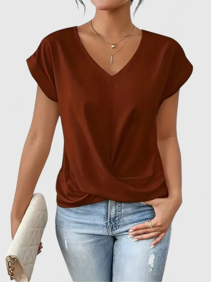 Women's V-Neck Short Sleeve Casual Top with Twist Front Detail
