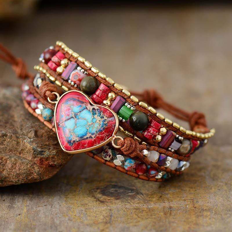 Handmade Natural Jasper Heart Charm Boho Wrap Bracelet