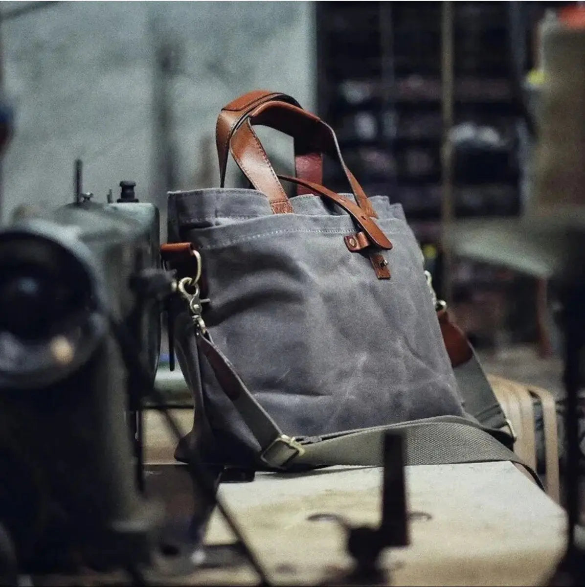 Men's Waxed Canvas Tote Bag with Leather Trim and Crossbody Strap