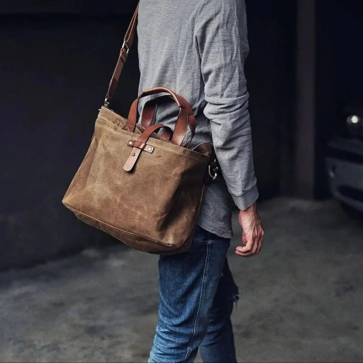 Men's Waxed Canvas Tote Bag with Leather Trim and Crossbody Strap