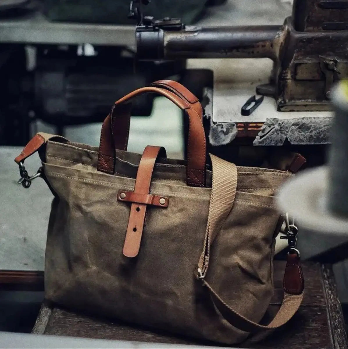 Men's Waxed Canvas Tote Bag with Leather Trim and Crossbody Strap