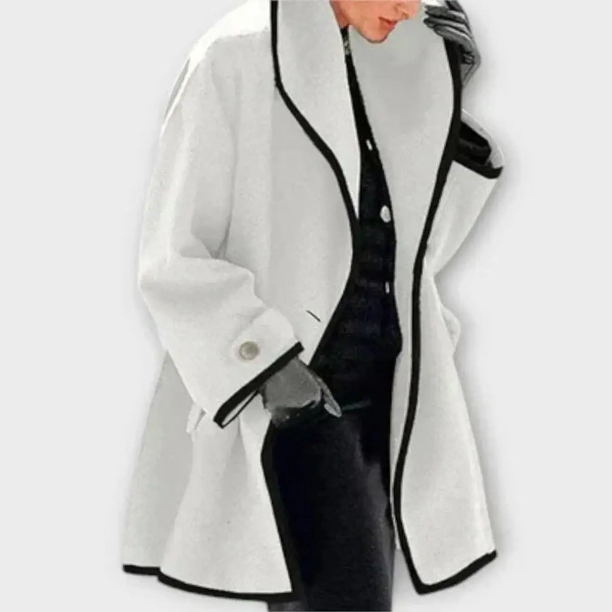 Women Coat Oversized Wool-Blend Swing Coat Black Contrast Trim