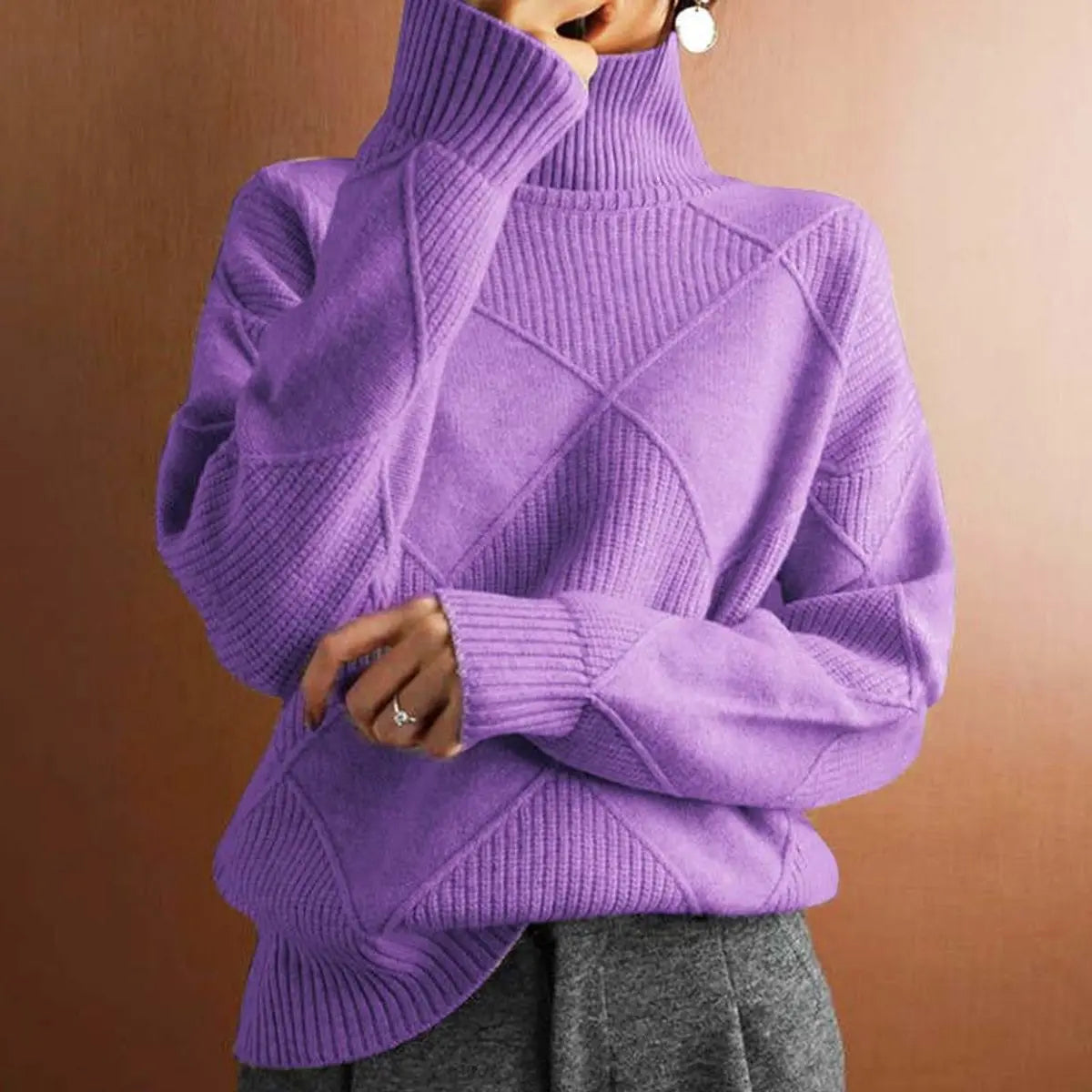 Women's Argyle Knit Turtleneck Sweater Relaxed Fit Jumper