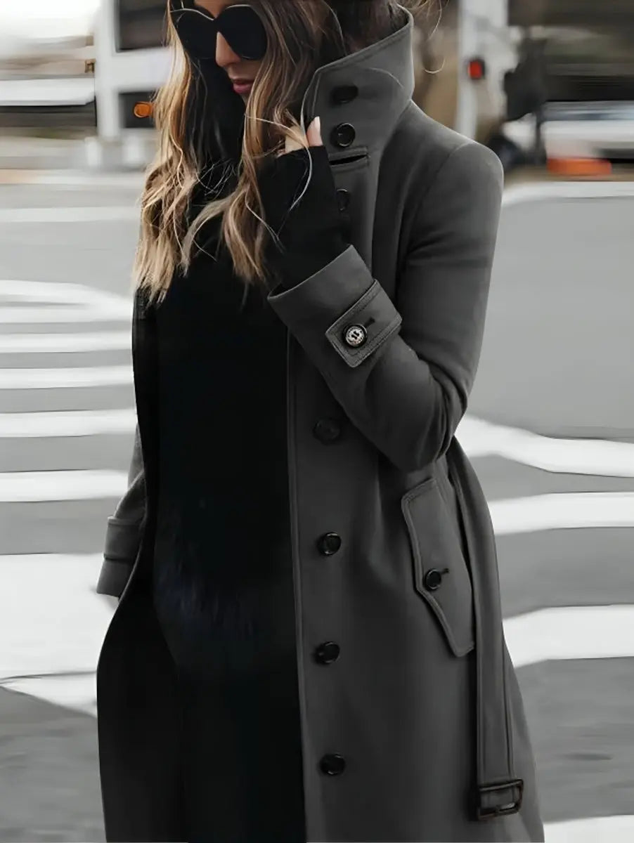 Women's Belted Double-Breasted Long Wool-Look Trench Coat