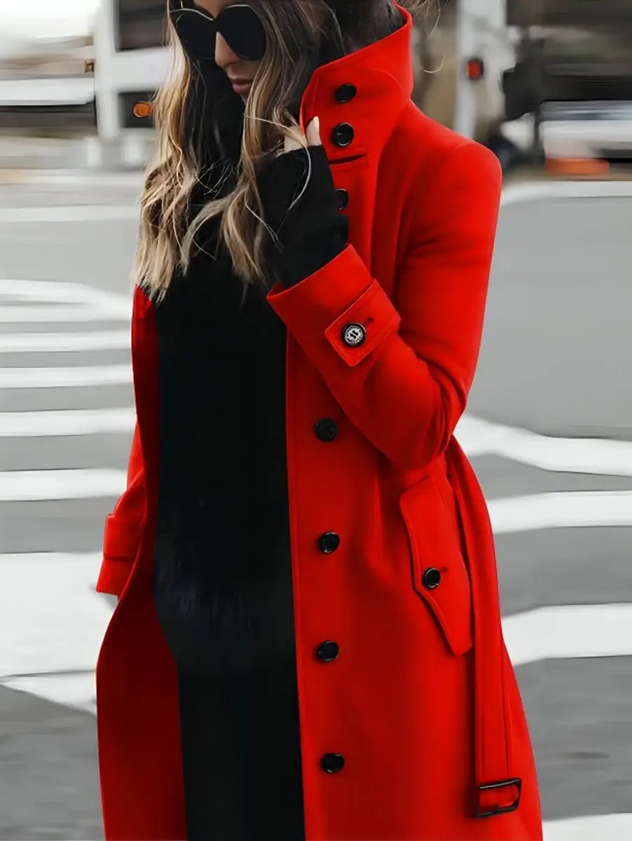 Women's Belted Double-Breasted Long Wool-Look Trench Coat