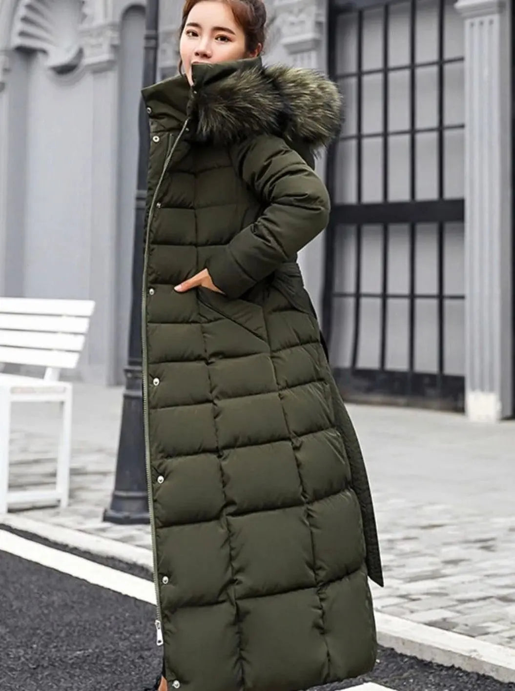 Women's Belted Long Quilted Hooded Puffer Coat Fur Trim