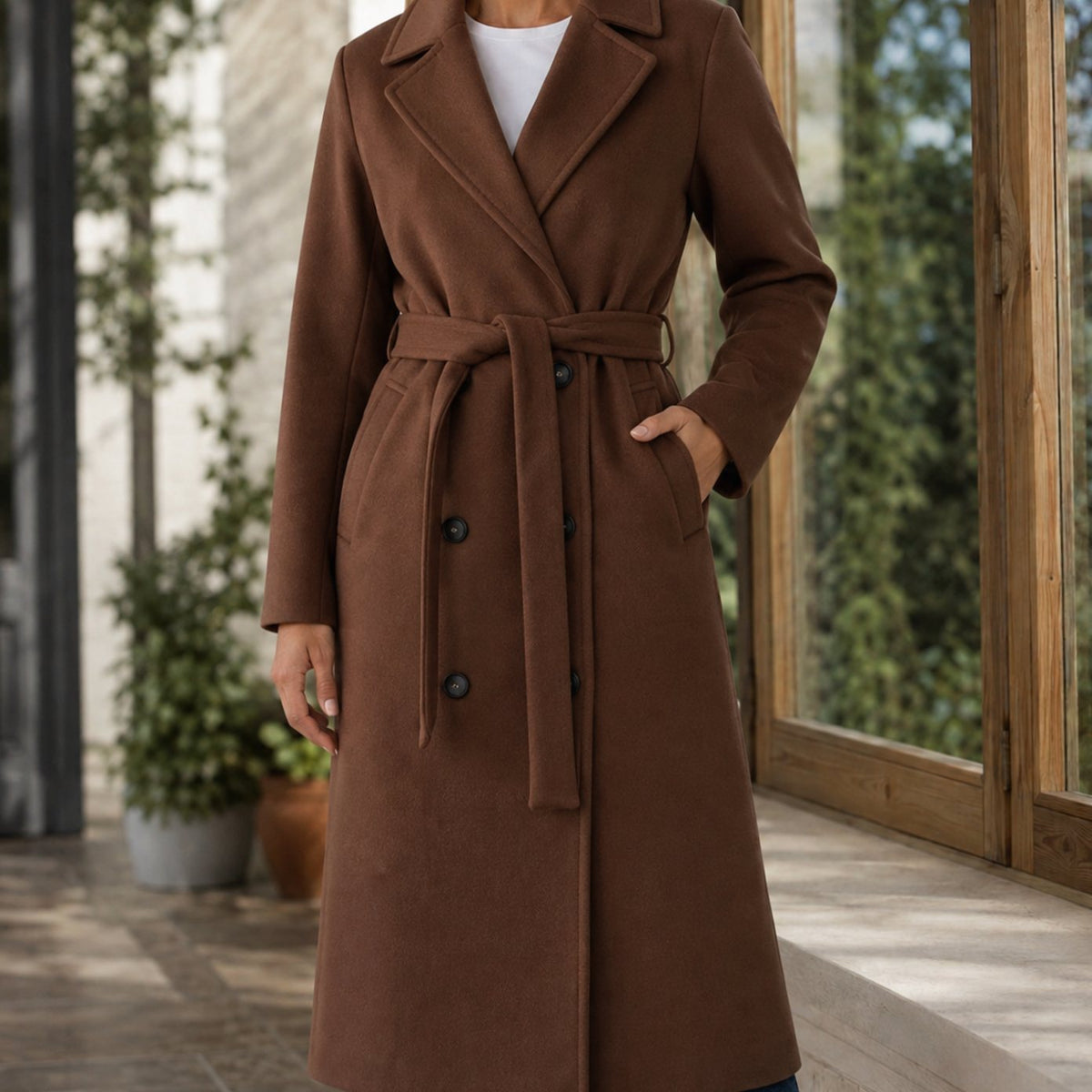 Women's Belted Overcoat Notched-Lapel Below-Knee Winter Coat