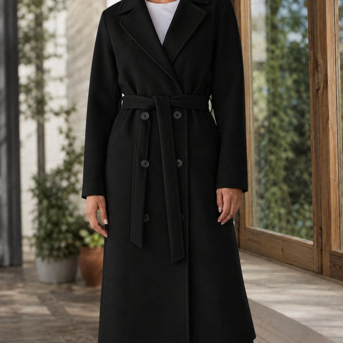 Women's Belted Overcoat Notched-Lapel Below-Knee Winter Coat
