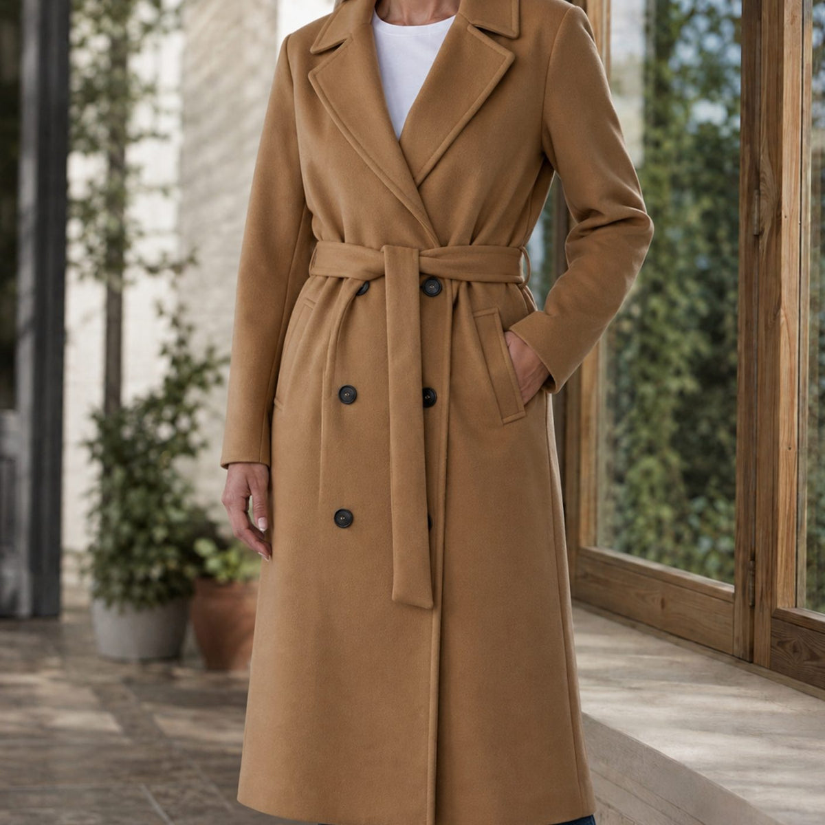 Women's Belted Overcoat Notched-Lapel Below-Knee Winter Coat
