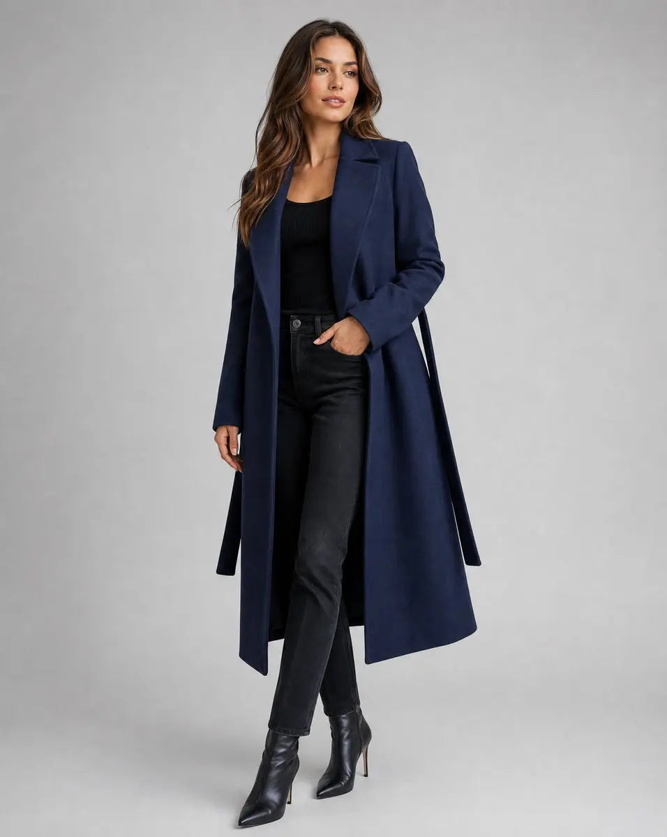 Women's Belted Wool-Blend Long-Line Trench Coat Lapel Overcoat