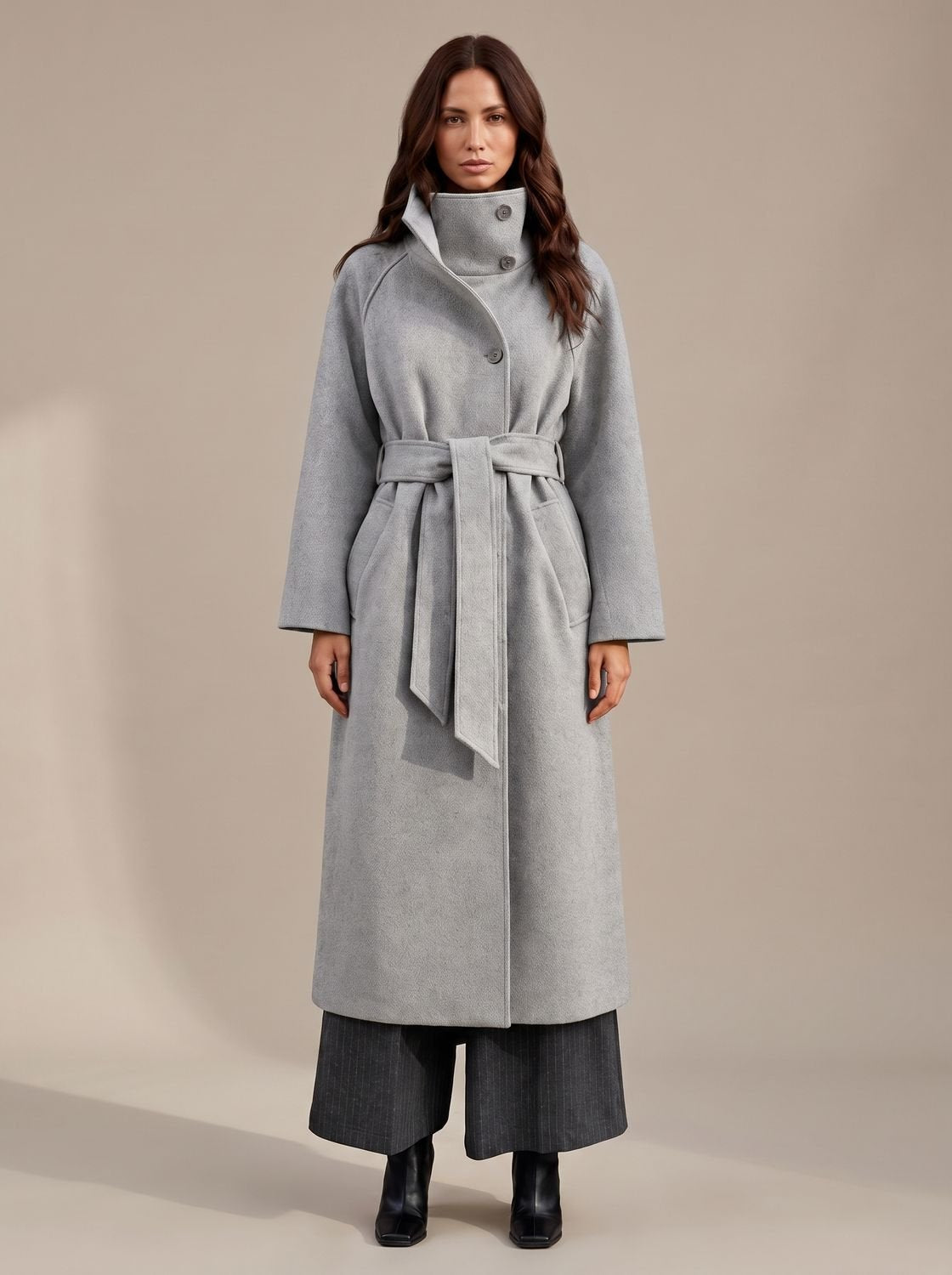 Lily | Women's Belted Wool Long Winter Coat Wide Structured Collar