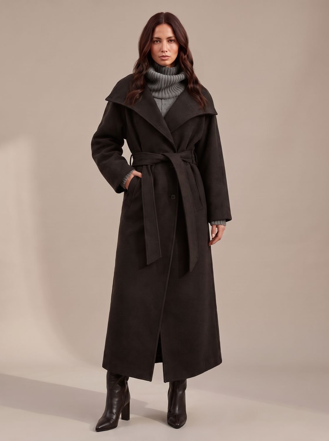 Lily | Women's Belted Wool Long Winter Coat Wide Structured Collar