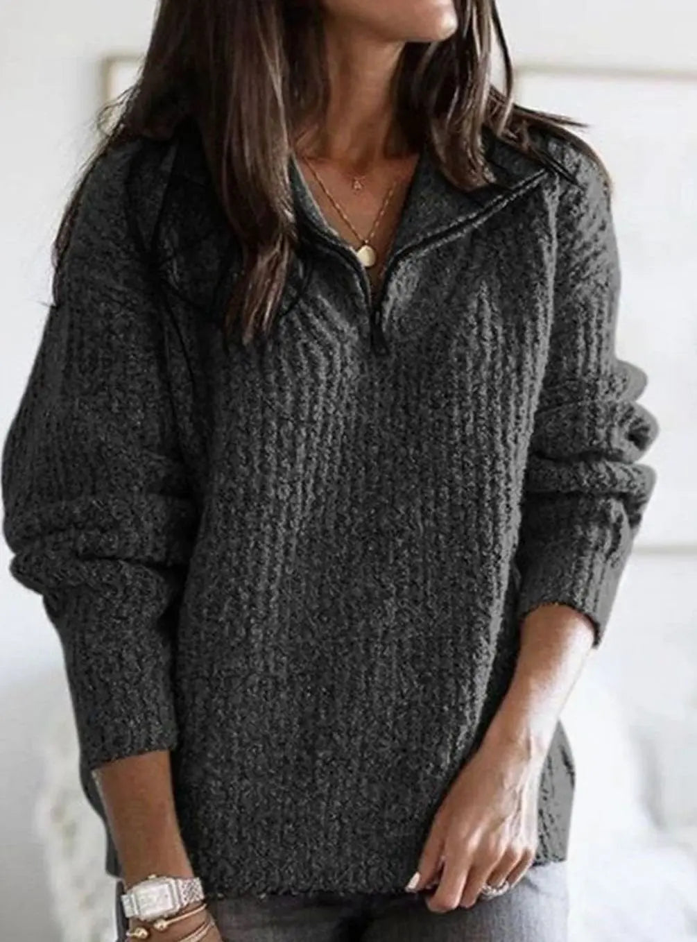 Women's Cable Knit Quarter-Zip Ribbed Sweater Pullover
