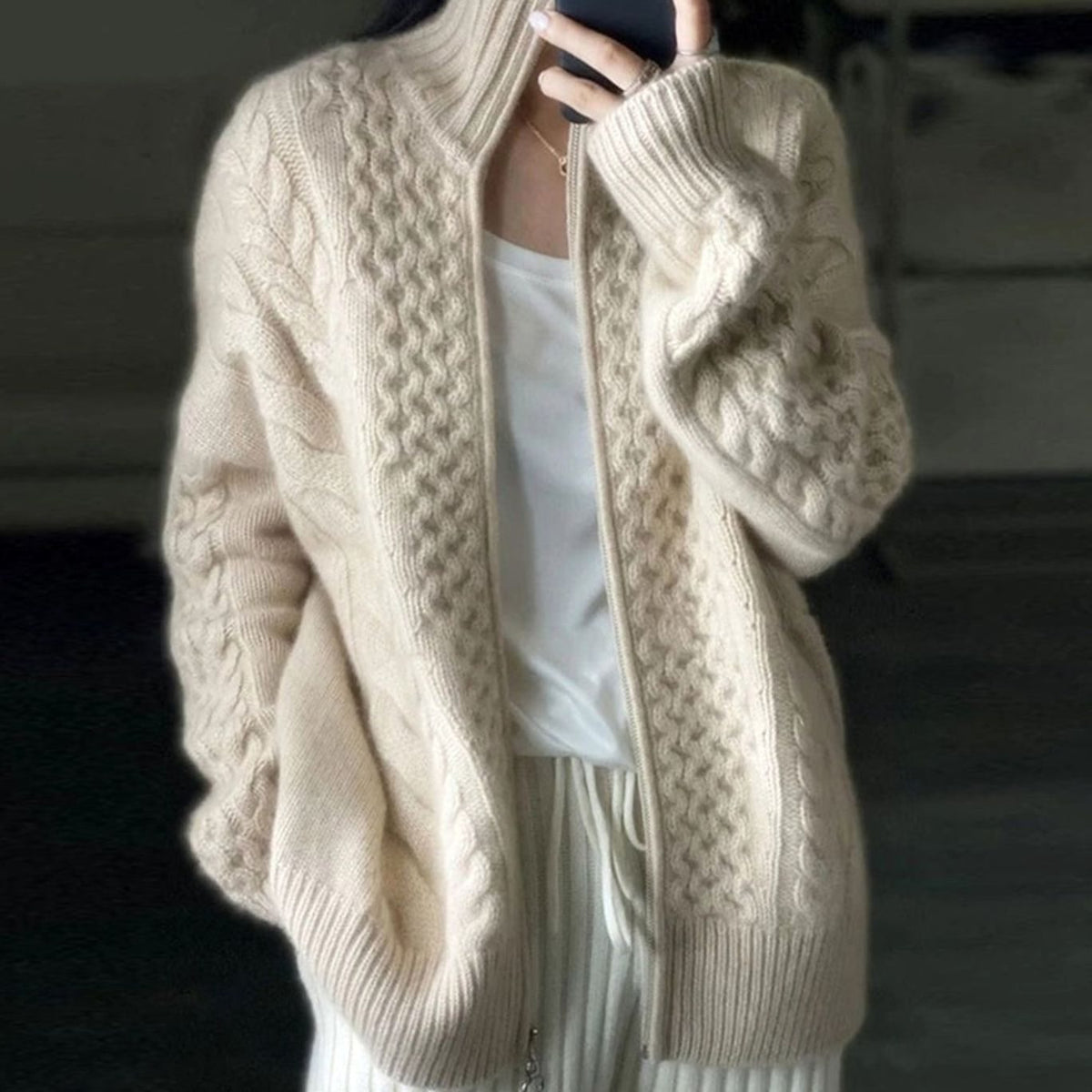 Women's Cable Knit Zip-Up High-Neck Cardigan Sweater