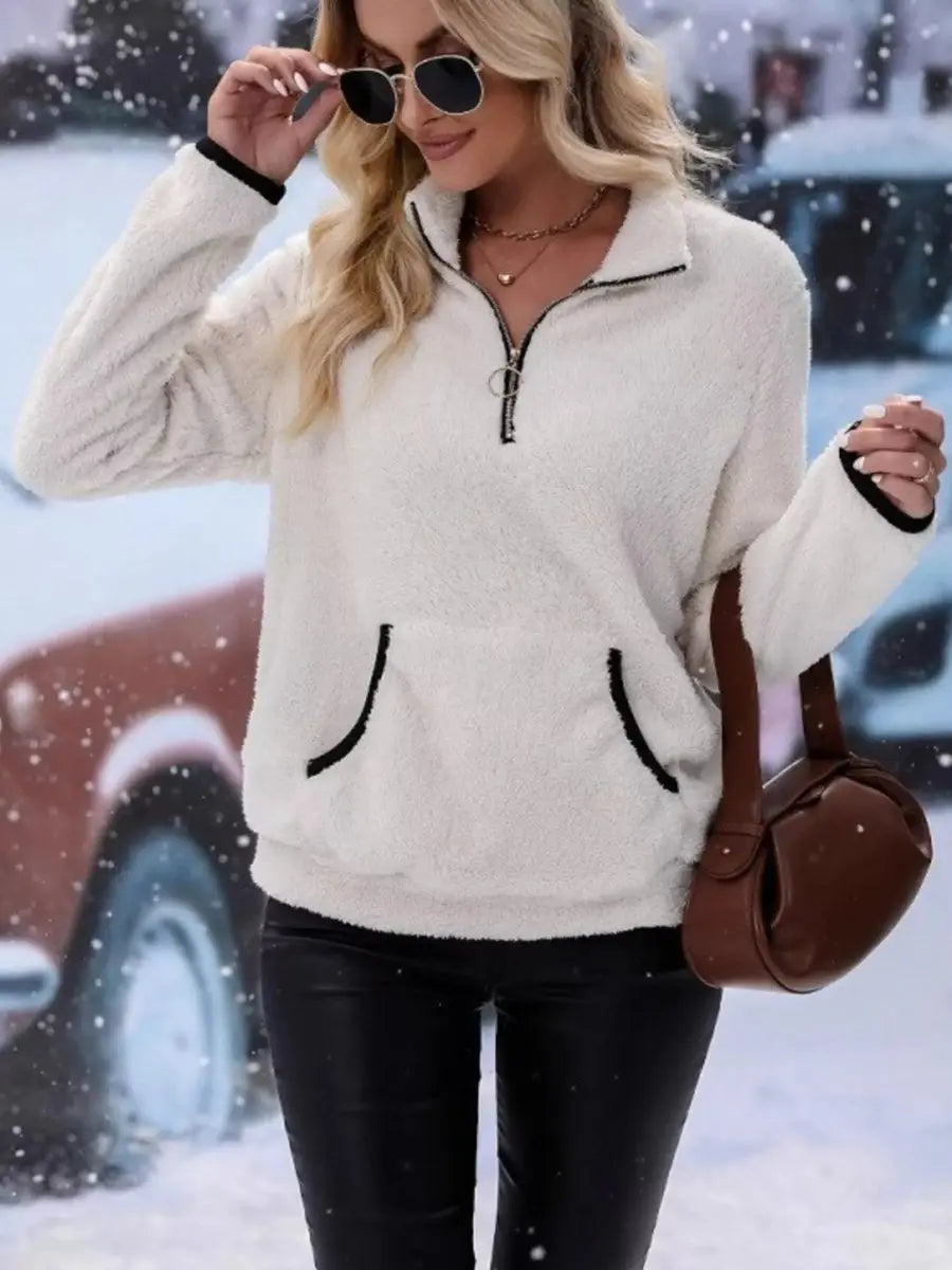 Womens Cardigan Half-Zip Fluffy Teddy Fleece Pullover Jumper