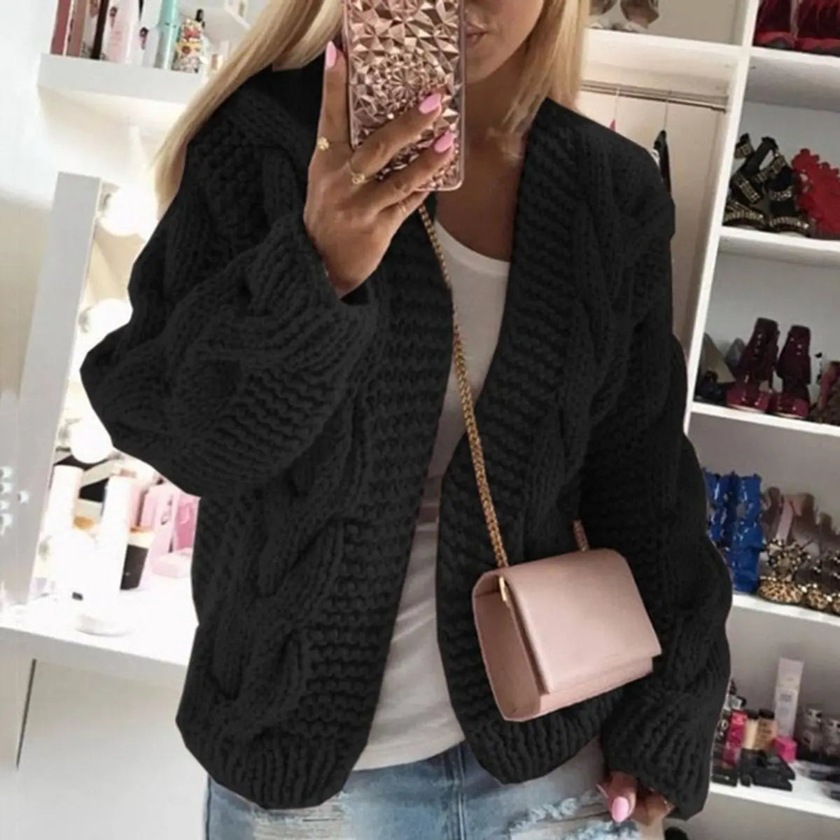 Womens Cardigan Oversized Open-Front Chunky Cable Knit