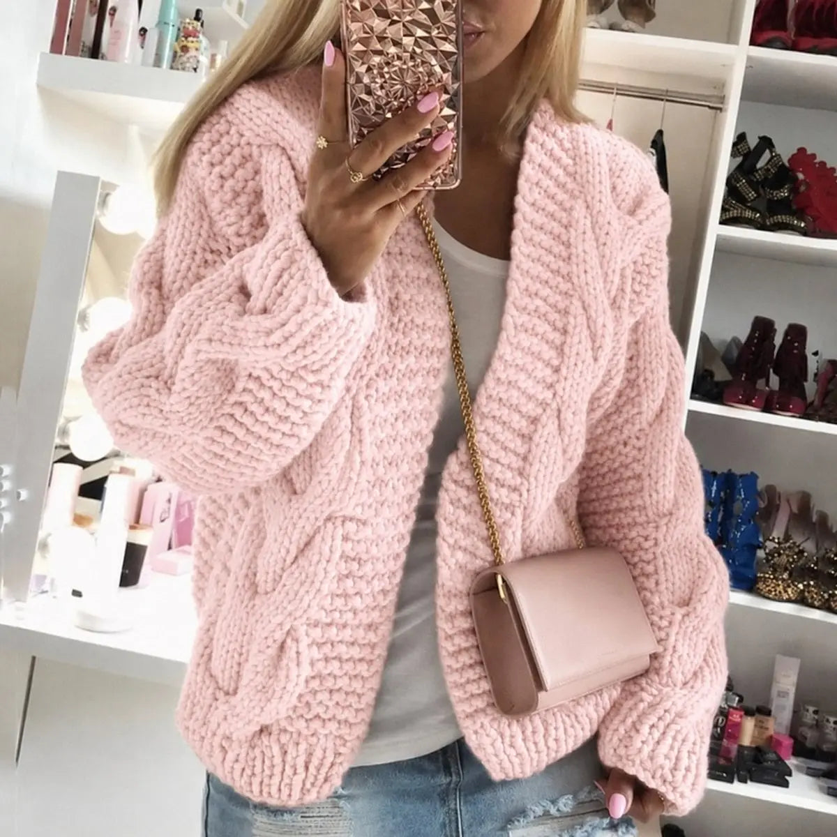 Womens Cardigan Oversized Open-Front Chunky Cable Knit