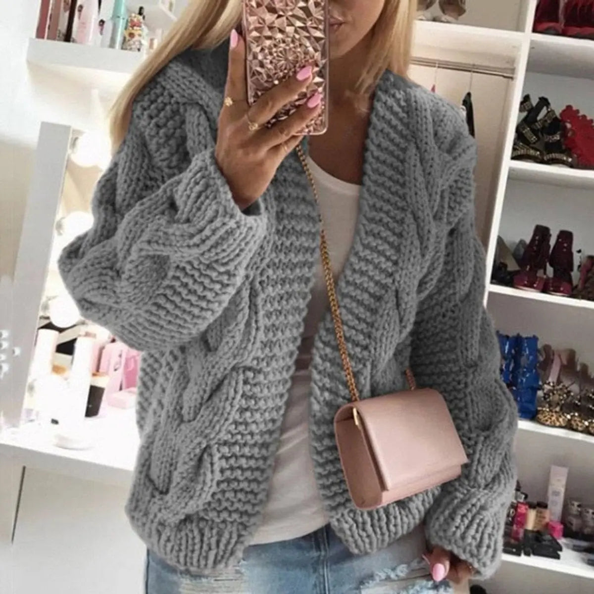Womens Cardigan Oversized Open-Front Chunky Cable Knit