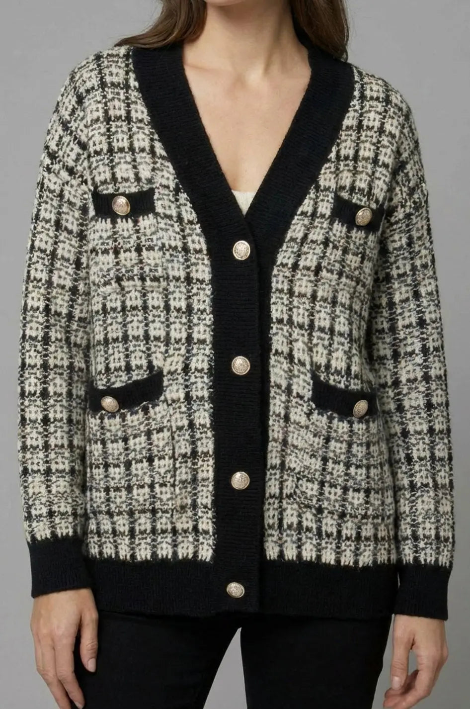 Women's Checked Tweed-Style V-Neck Knit Sweater Cardigan