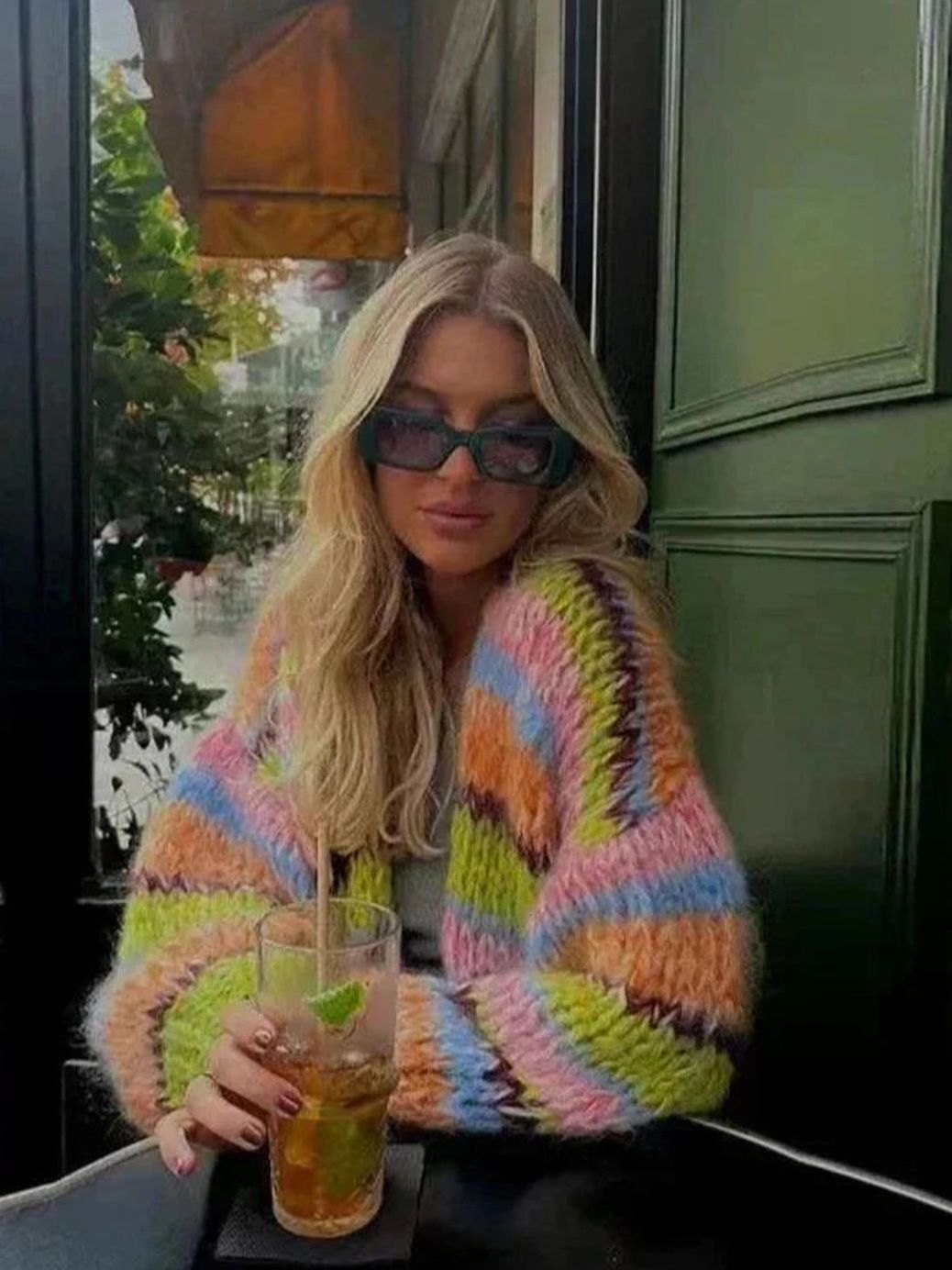 Women's Chunky Multi Coloured Knit Striped Cardigan