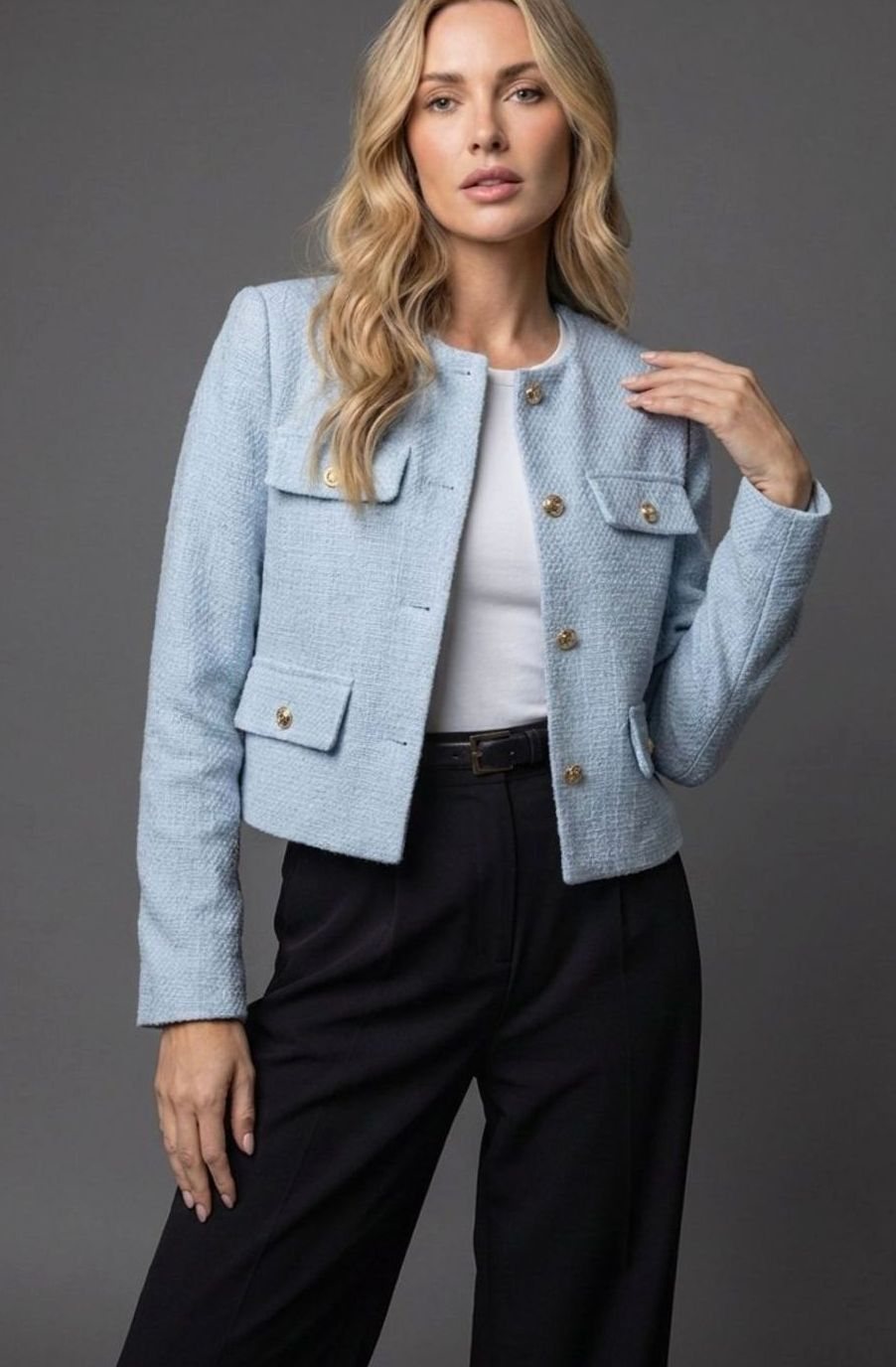 Women's Collarless Cropped Tweed Blazer Gold Button Flap Pocket