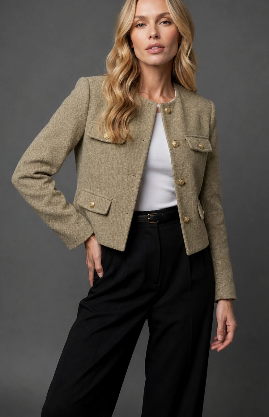 Women's Collarless Cropped Tweed Blazer Gold Button Flap Pocket