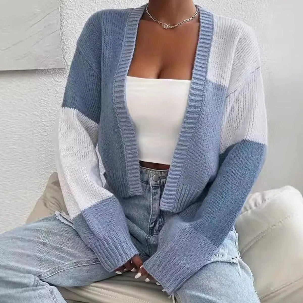 Women's Color Block Cropped Knit Cardigan Balloon Sleeve Open Front