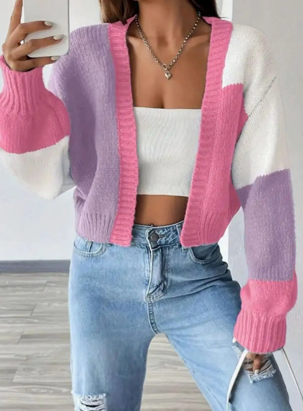 Women's Color Block Cropped Knit Cardigan Balloon Sleeve Open Front