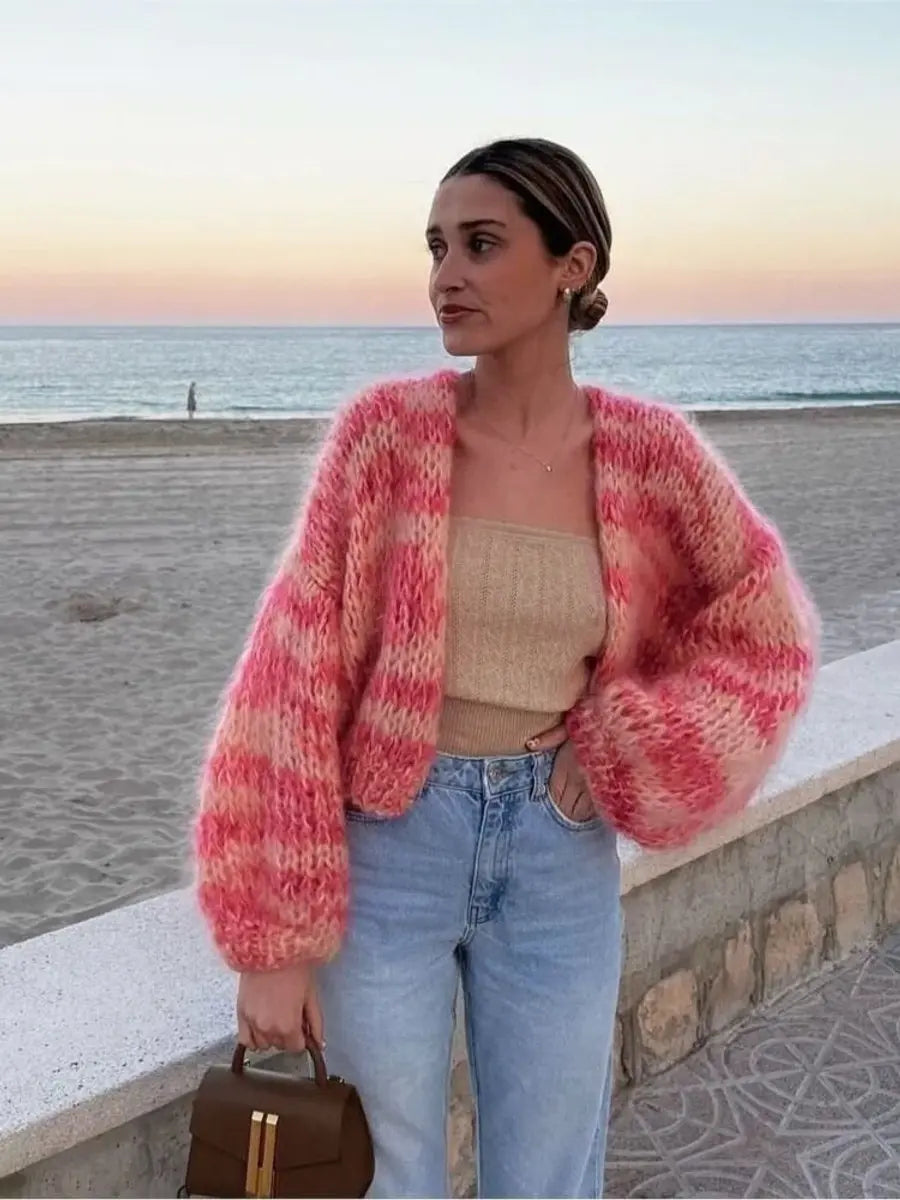 Women's Colour Block Cropped Knit Womens Cardigan Patchwork