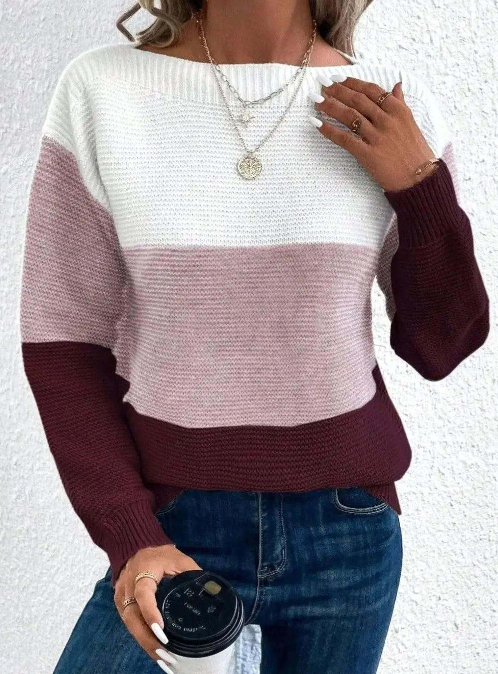 Women's Colour Block Relaxed Fit Cashmere Turtleneck Jumper