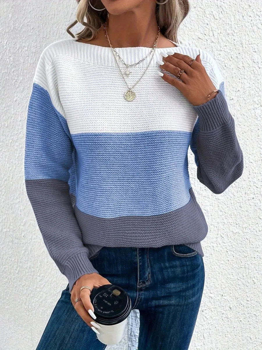 Women's Colour Block Relaxed Fit Long Sleeve Knit Sweater Jumper