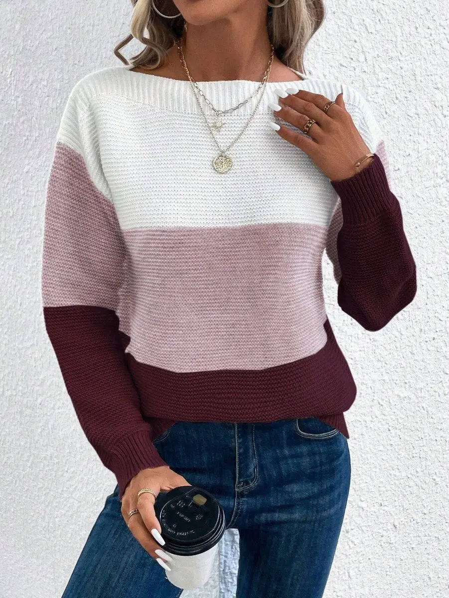 Women's Colour Block Relaxed Fit Long Sleeve Knit Sweater Jumper