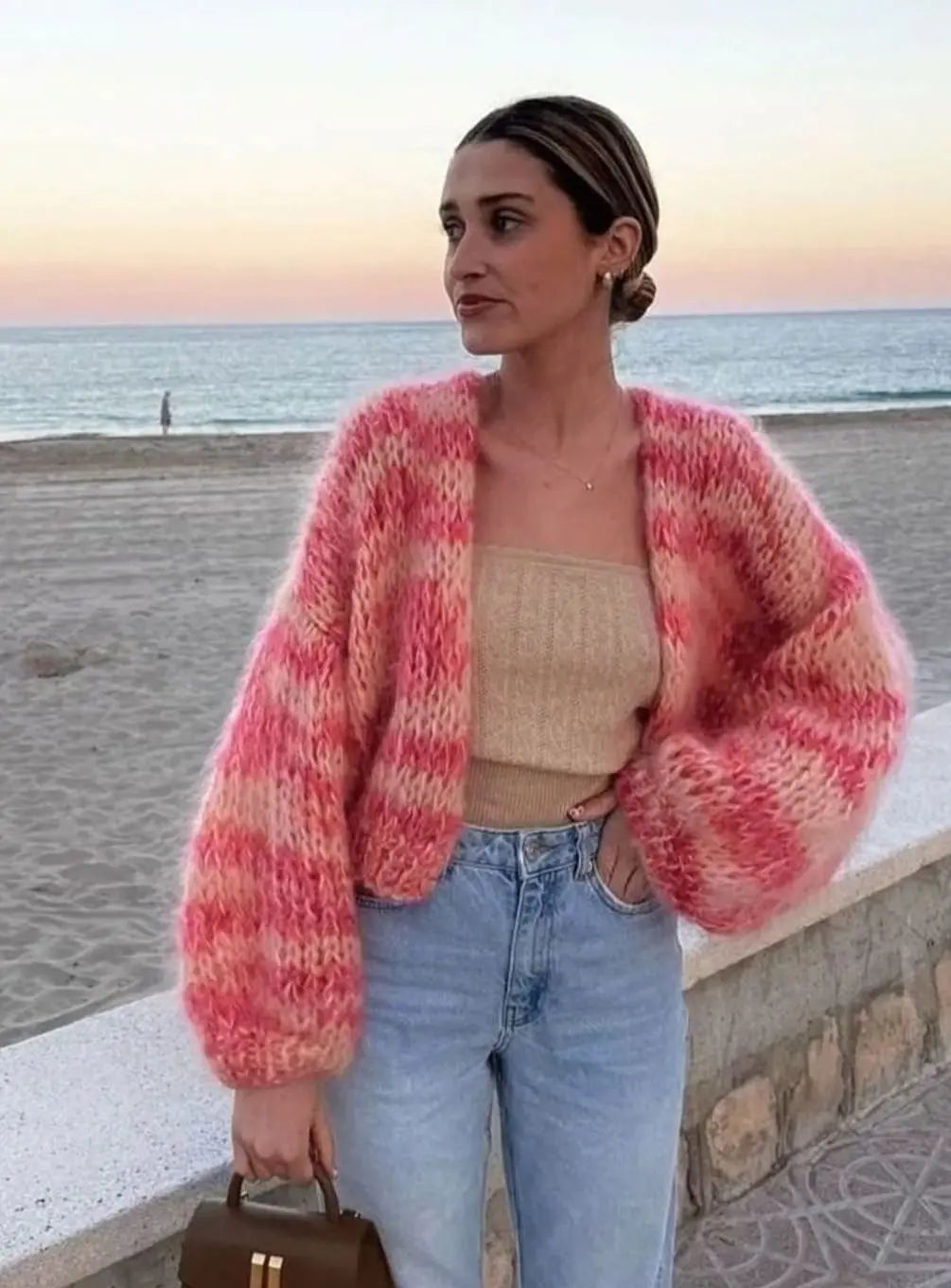 Women's Colourblock Cropped Knit Jumper Fluffy Patchwork