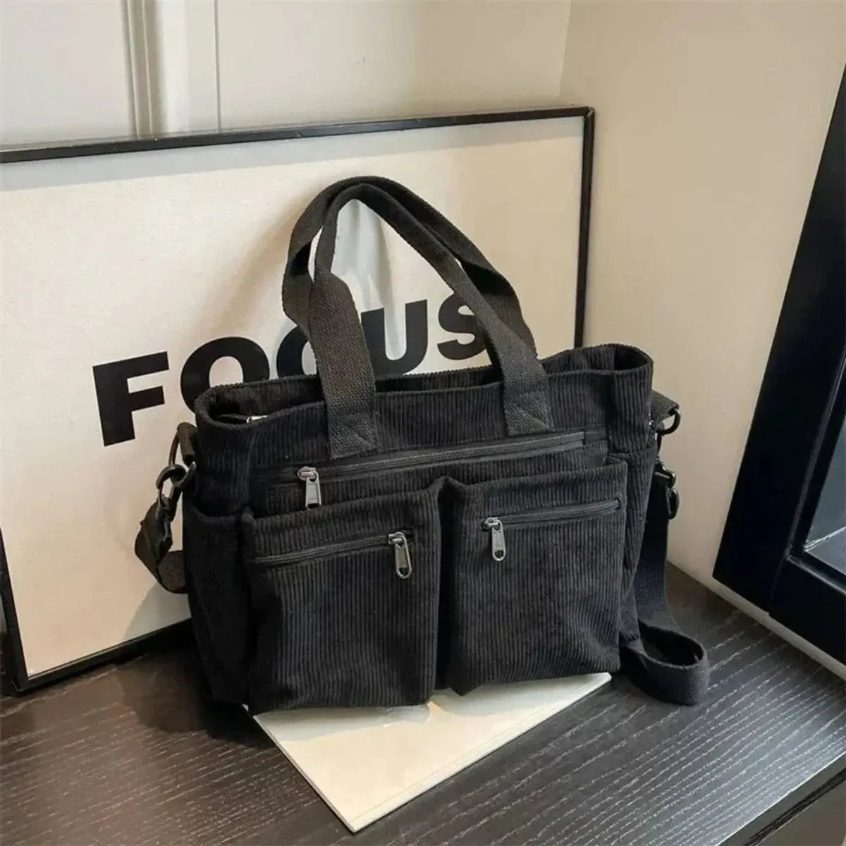 Women's Corduroy Multi-Pocket Shoulder Tote Bag