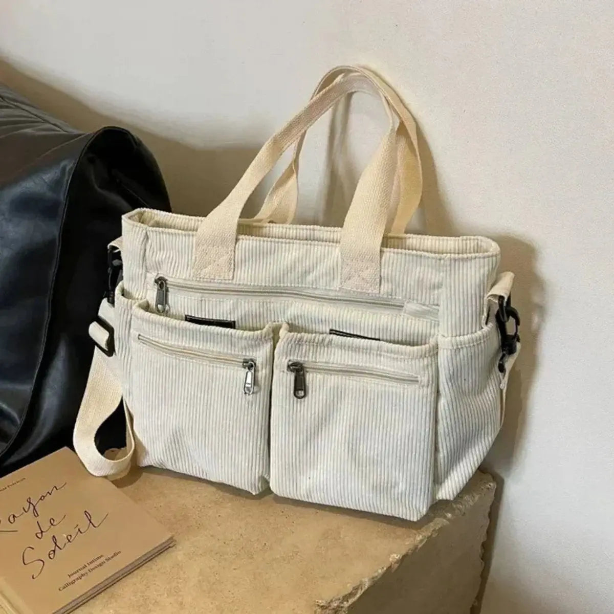 Women's Corduroy Multi-Pocket Shoulder Tote Bag