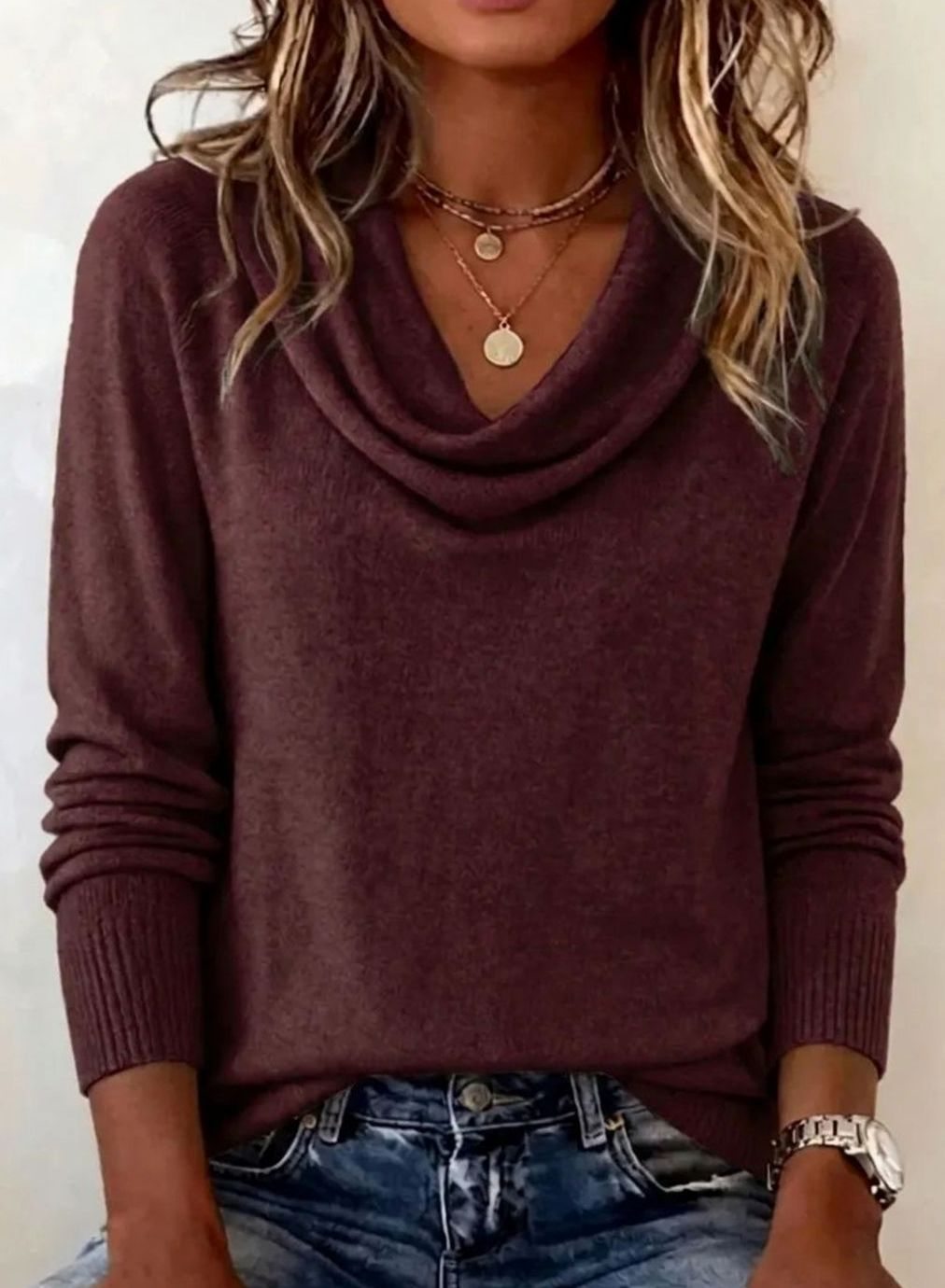 Women's Cowl Neck Long Sleeve Soft Knit Jumper