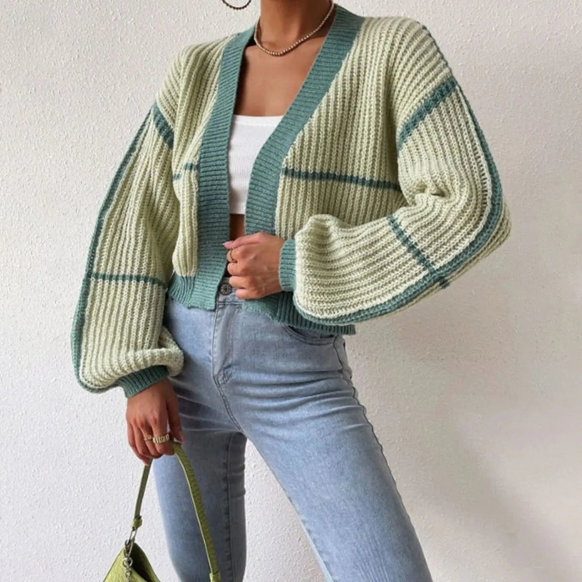Women's Cropped Chunky Knit Cardigan Open Front Balloon Sleeve
