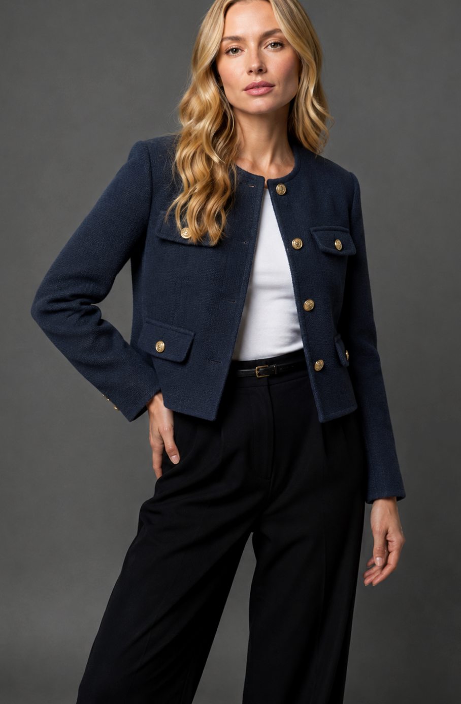 Women's Cropped Collarless Tweed Blazer Gold Button Flap Pockets