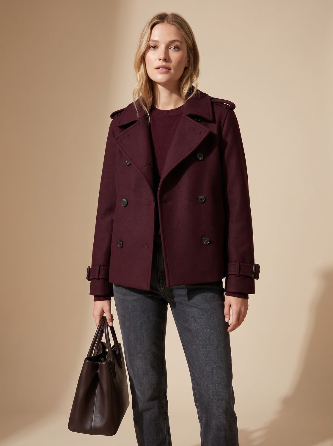 Grace | Women's Cropped Double-Breasted Wool Coat Epaulette Pea Coat