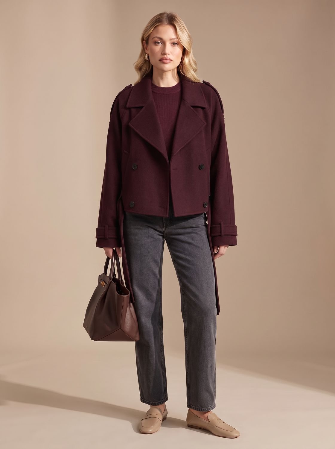 Grace | Women's Cropped Double-Breasted Wool Coat Epaulette Pea Coat