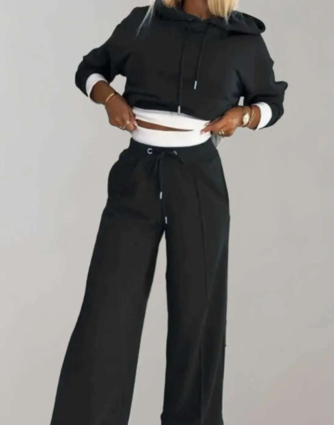 Women's Cropped Hoodie Wide-Leg Drawstring Tracksuit Set