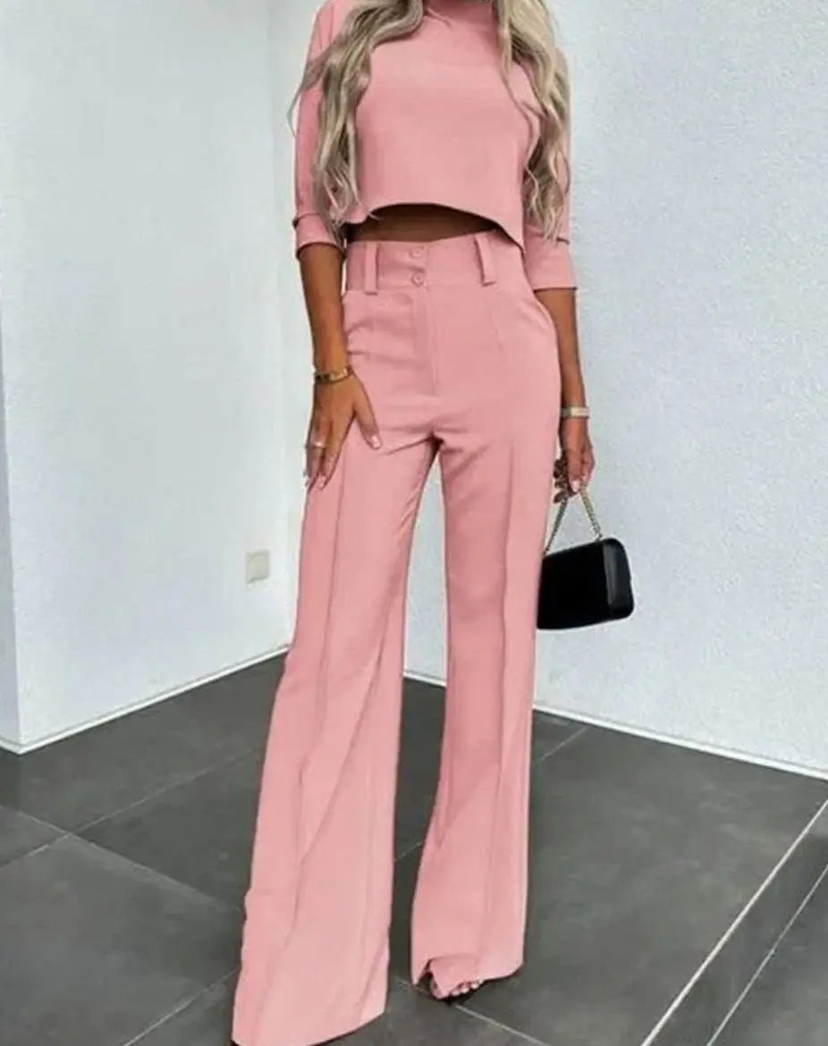 Women's Cropped Matching Top High-Waist Wide-Leg Trouser Two-Piece Set